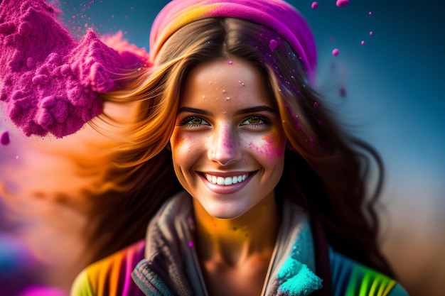 Portrait shot of the pretty charming blond Caucasian girl with colorful paints on her face smiling