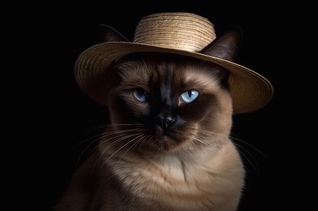 Portrait of a Siamese cat wearing a straw hat