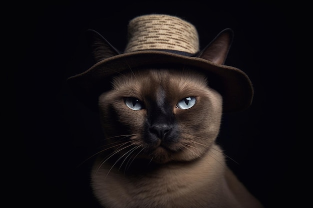 Portrait of a Siamese cat wearing a straw hat