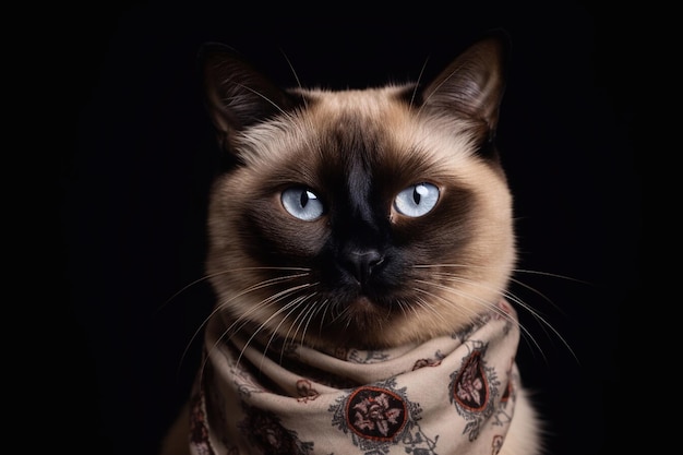 Portrait of a siamese cat with blue eyes in a scarf on a black background