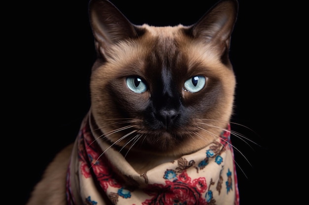 Portrait of a siamese cat with blue eyes in a scarf on a black background