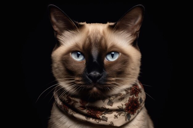 Portrait of a Siamese cat with blue eyes in a scarf on a black background