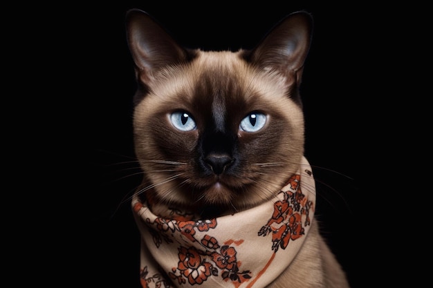 Portrait of a Siamese cat with blue eyes in a scarf on a black background