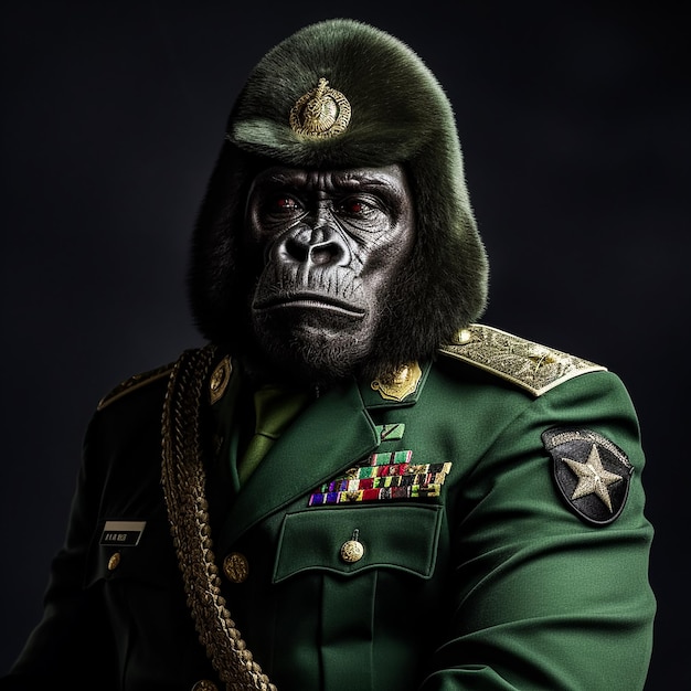 portrait of a silverback gorilla wearing a green Cameroonian military beret with a Cameroonian arm