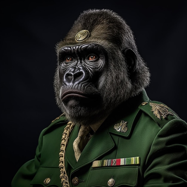 portrait of a silverback gorilla wearing a green Cameroonian military beret with a Cameroonian arm