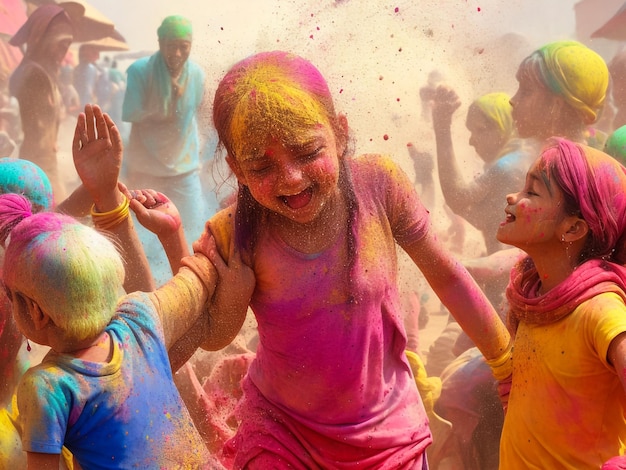 portrait of the sisters painted in the colors of Holi