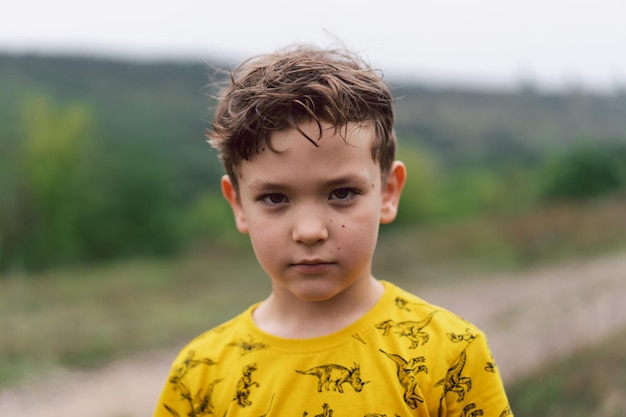 Portrait of a sixyearold boy in the park Boy playing in the summer day