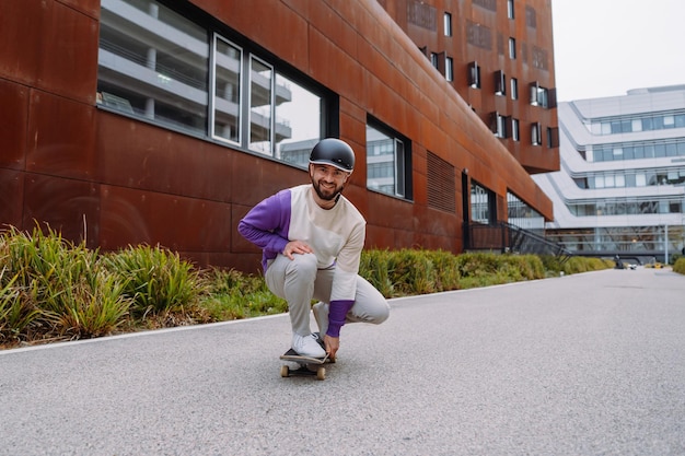 Portrait of a skater a skateboarder at an urban location man enjoys the ride best quality photo