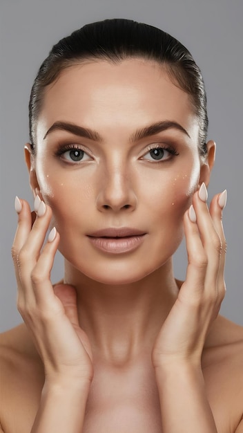 Portrait skincare and beauty of woman with health glow or shine isolated on gray studio backgroun