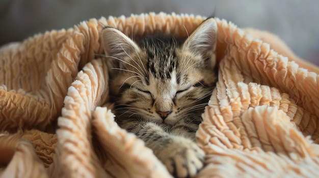 Photo portrait of sleepy kitten snuggled in cozy blanket