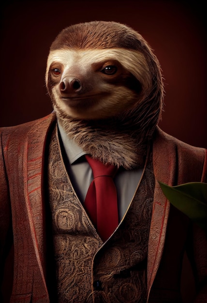 Portrait of a sloth in a suit with a red tie Generative AI