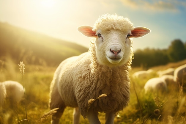 portrait of a small adorable lamb in the field at sunlight