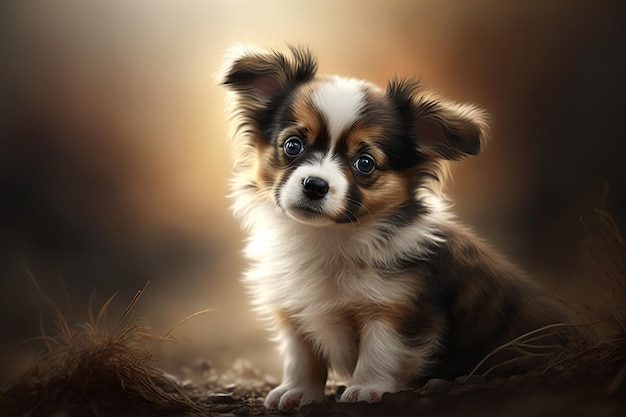 Portrait of a small cute puppy dog on a dark background Generative ai