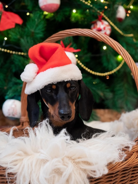 Portrait small dog dachshund with santa claus hat into the basket on background Christmas tree