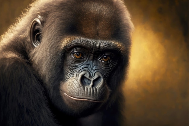 Portrait of small gorilla with light brown large eyes