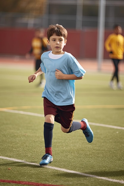 Portrait of small kid foorballer on a match paying attention to the game