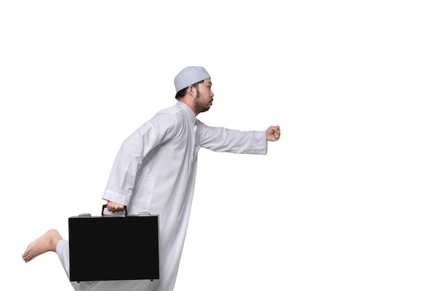 Portrait of smart handsome muslim man on white backgroundRamadan festival conceptIslamic male holding a business man's bag on a white background