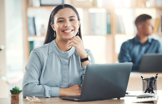 Portrait smile and business woman in office ready for company goals in workplace Ceo boss and happy confident or proud female entrepreneur from Canada with vision mission or success mindset