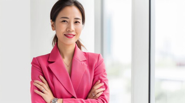 Portrait smile confident asian business designer woman pink suit office