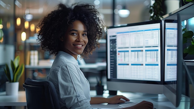 Portrait of smiling african american businesswoman working on computer in office