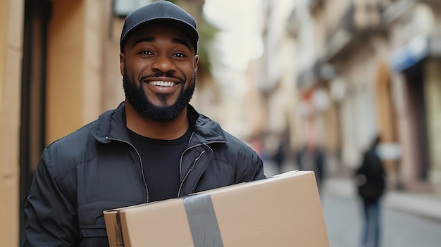 Photo portrait of smiling african american delivery man holding cardboard boxes on the street