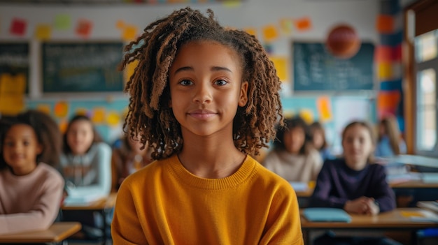 Portrait of Smiling African American Girl in Classroom and wear Yellow Sweate