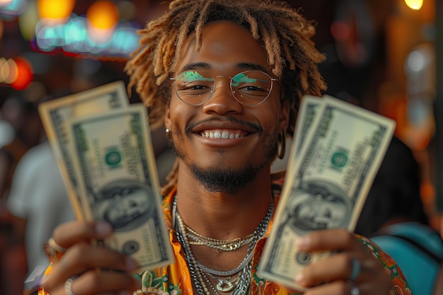 Portrait of a smiling african american man holding dollar bills