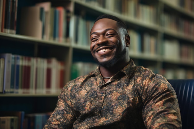 Portrait of a smiling african american man in a library