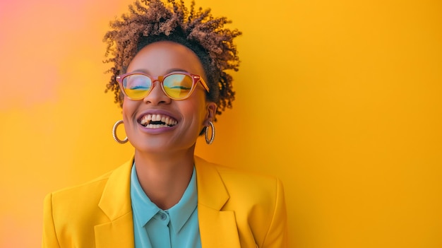 Portrait of a smiling african american woman with glasses yellow background copy space