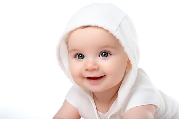 Portrait of a smiling baby in a white bodysuit on a white background