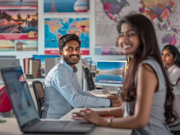 Photo portrait of smiling bangladeshi male and female travel agents in a modern travel agency office with