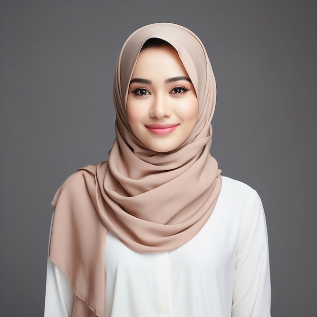 Portrait of smiling beautiful asian woman in casual shirt and hijab