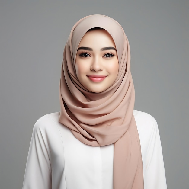 Portrait of smiling beautiful asian woman in casual shirt and hijab