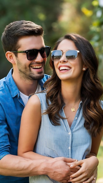 Portrait of smiling beautiful girl and her handsome boyfriend laughing