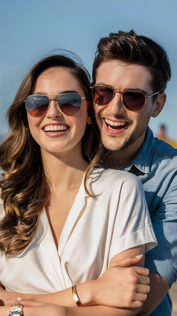 Portrait of smiling beautiful girl and her handsome boyfriend laughing