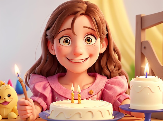 Portrait of a smiling birthday girl holding a slice of cake on plate with an illuminated candle