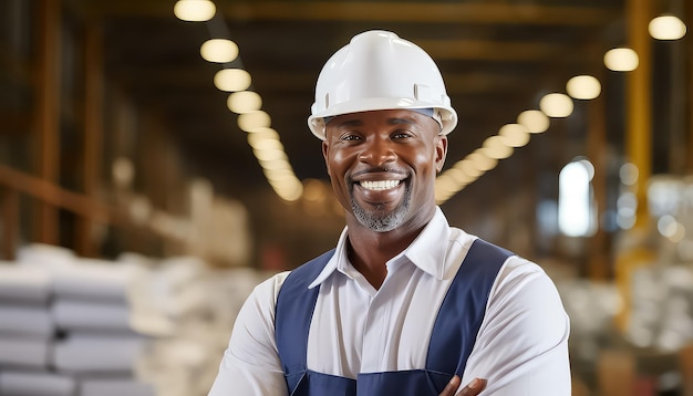 portrait of a smiling black man wearing white hard hat in a factory