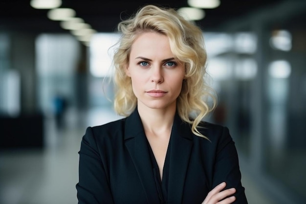 Photo portrait of a smiling blonde businesswoman formal dressed standing with crossed arms