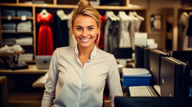 Photo portrait of a smiling blonde female cashier sales consultant at a fashion clothing store