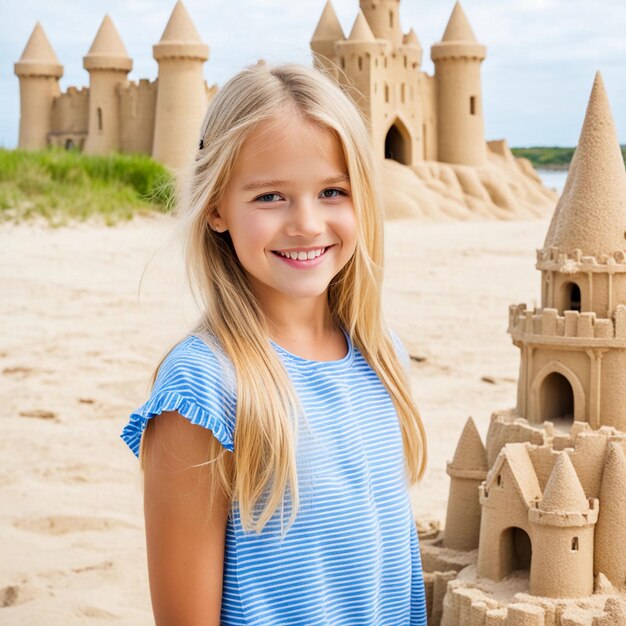 Photo portrait of a smiling blonde girl standing next to a sand castle building with a beach background