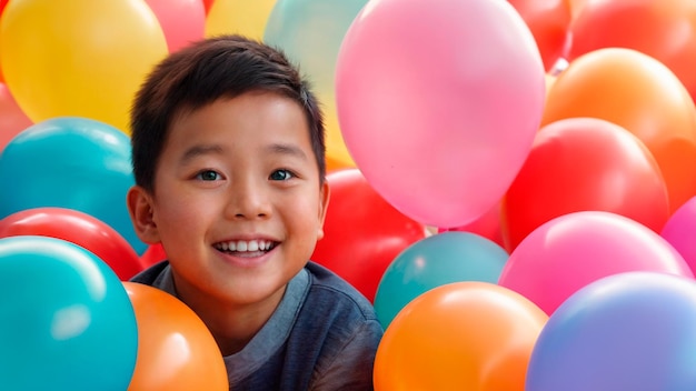 Portrait of a smiling boy poking his face into a pile of colorful balloons looking at camera