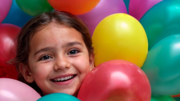 Portrait of a smiling boy poking his face into a pile of colorful balloons looking at camera