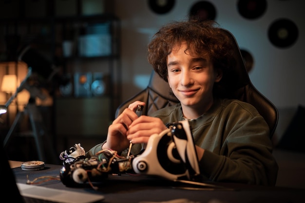 A portrait of a smiling boy the talented intelligent student prepares a robot for the school