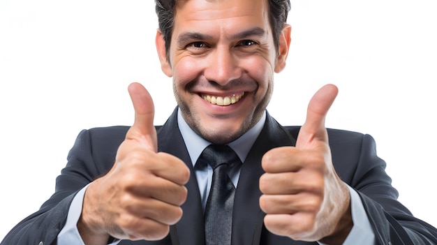 Photo portrait of a smiling businessman giving a double thumbs up