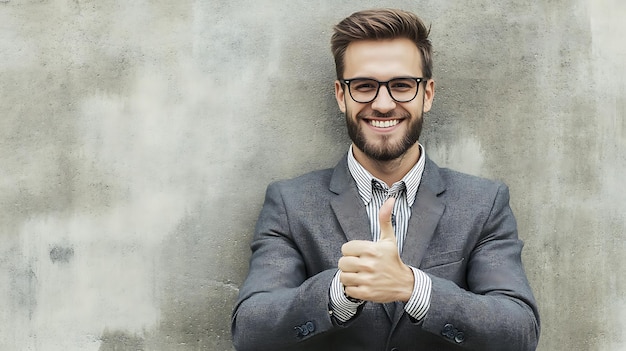 Photo portrait of a smiling businessman giving a thumbs up gesture