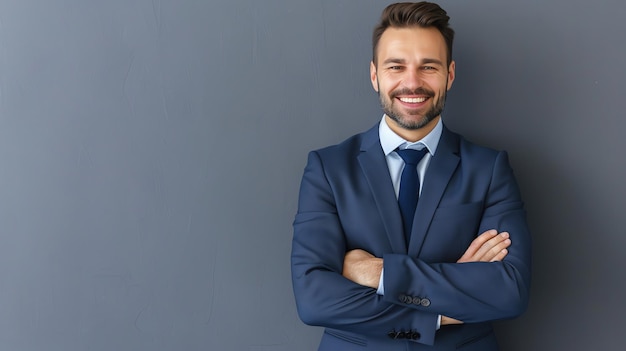 Photo portrait of a smiling businessman standing with arms crossed against a grey background