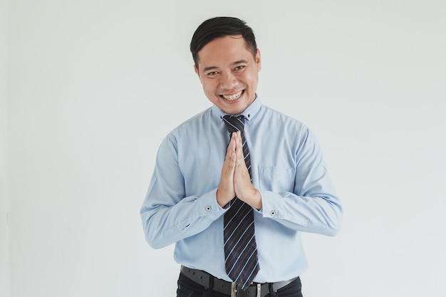 Portrait of smiling businessman wearing blue shirt and tie giving greeting at camera