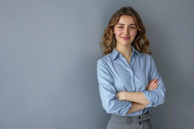 Photo portrait of a smiling businesswoman in a blue shirt and grey skirt standing with arms