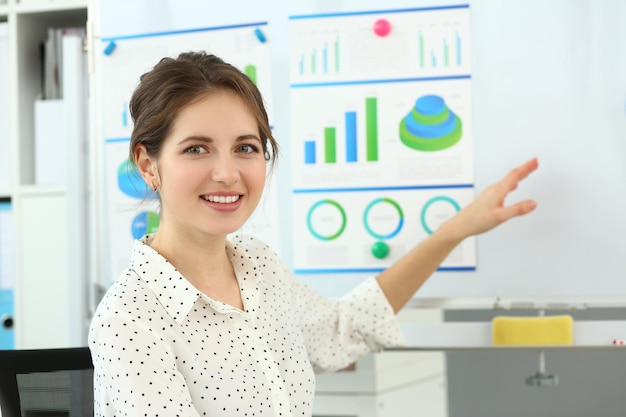 Portrait of smiling businesswoman consultant with financial charts on white board