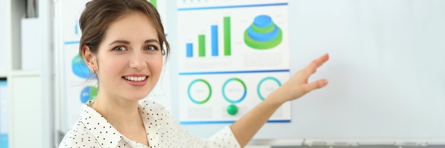 Portrait of smiling businesswoman consultant with financial charts on white board